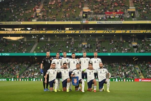 Dublin , Ireland - 7 September 2021; The Serbia starting XI before the FIFA World Cup 2022 qualifying group A match between Republic of Ireland and...