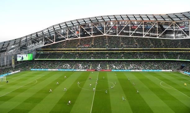 Dublin , Ireland - 7 September 2021; Republic of Ireland and Serbia take the knee before the FIFA World Cup 2022 qualifying group A match between...
