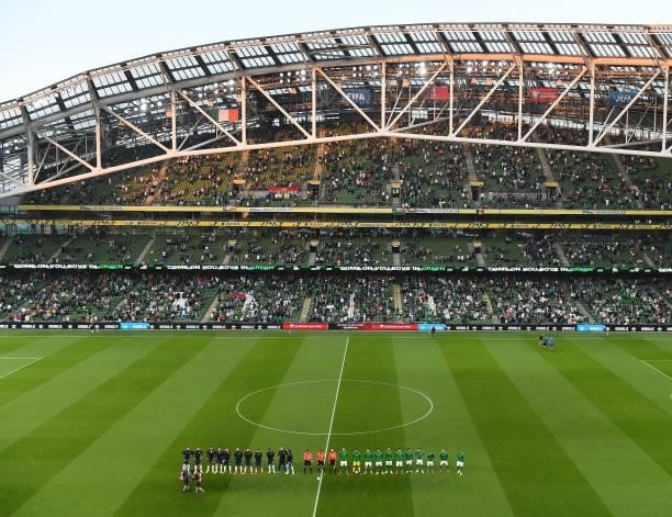 Dublin , Ireland - 7 September 2021; Republic of Ireland and Serbia players line up before the FIFA World Cup 2022 qualifying group A match between...