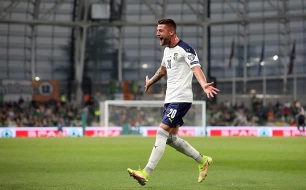 Serbia's midfielder Sergej Milinkovic-Savic celebrates scoring the opening goal during the FIFA World Cup Qatar 2022 qualifying round Group A...