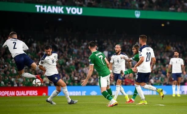 Dublin , Ireland - 7 September 2021; Jeff Hendrick of Republic of Ireland has a shot on goal during the FIFA World Cup 2022 qualifying group A match...
