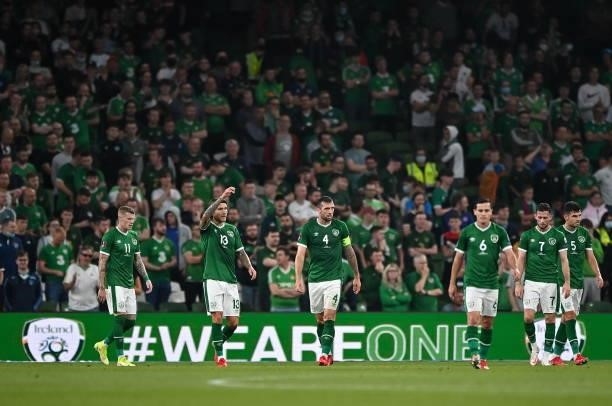 Dublin , Ireland - 7 September 2021; Republic of Ireland players after conceding a goal during the FIFA World Cup 2022 qualifying group A match...