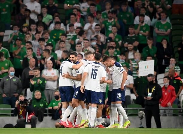 Dublin , Ireland - 7 September 2021; Serbia players celebrate their first goal scored by Sergej Milinkovi-Savi of Serbia during the FIFA World Cup...