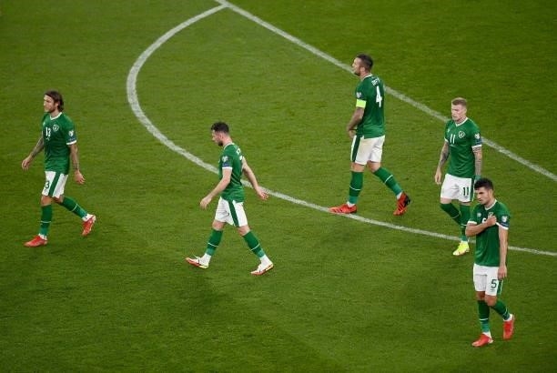 Dublin , Ireland - 7 September 2021; Republic of Ireland players react after conceding their first goal during the FIFA World Cup 2022 qualifying...