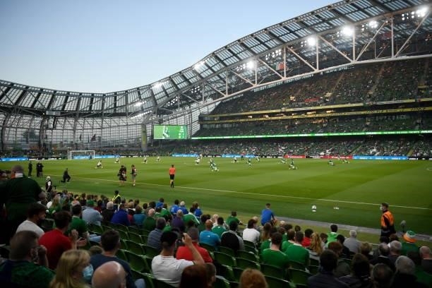 Dublin , Ireland - 7 September 2021; Republic of Ireland and Serbia take the knee before the FIFA World Cup 2022 qualifying group A match between...