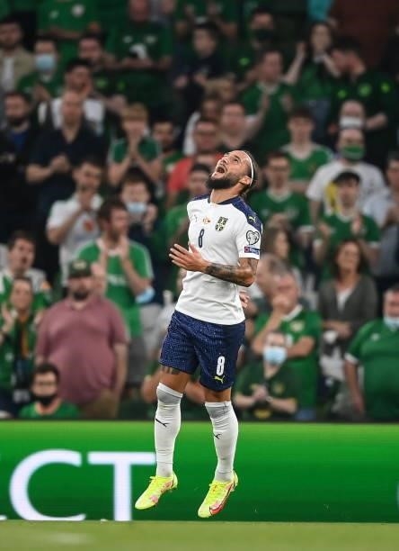 Dublin , Ireland - 7 September 2021; Nemanja Gudelj of Serbia reacts after missing a goal-scoring opportunity during the FIFA World Cup 2022...