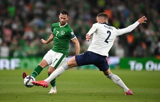 Dublin , Ireland - 7 September 2021; Alan Browne of Republic of Ireland in action against Strahinja Pavlovi of Serbia during the FIFA World Cup 2022...