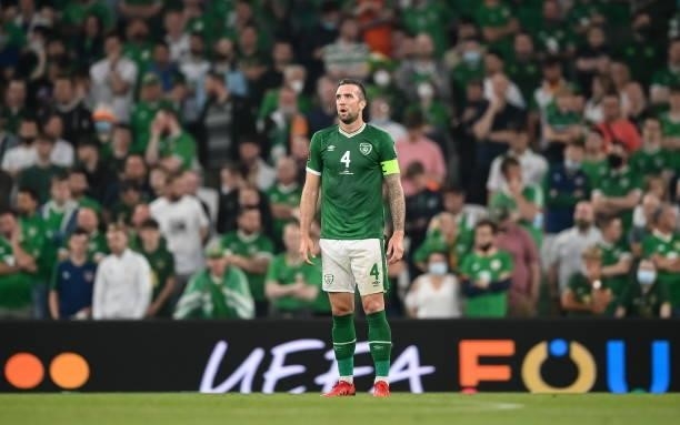 Dublin , Ireland - 7 September 2021; Shane Duffy of Republic of Ireland reacts after his side conceded a goal during the FIFA World Cup 2022...