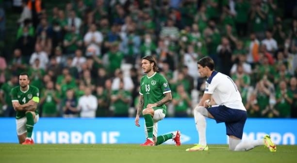 Dublin , Ireland - 7 September 2021; Jeff Hendrick of Republic of Ireland takes a knee before the FIFA World Cup 2022 qualifying group A match...