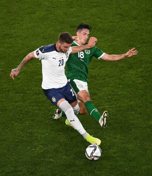 Dublin , Ireland - 7 September 2021; Sergej Milinkovi­Savi of Serbia in action against Jamie McGrath of Republic of Ireland during the FIFA World Cup...