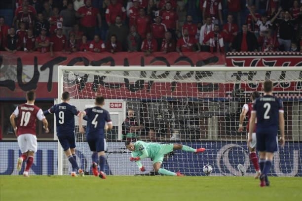 Daniel Bachmann of Austria scores the penalty to 0:1 during the 2022 FIFA World Cup Qualifier match between Austria and Scotland at Ernst Happel...