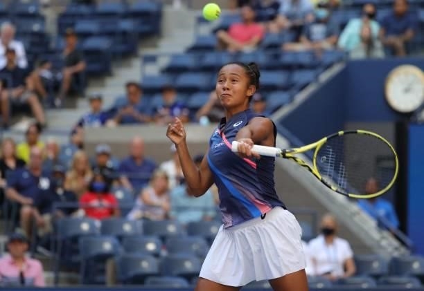 Canada's Leylah Fernandez hits a return to Ukraine's Elina Svitolina during their 2021 US Open Tennis tournament women's quarter-finals match at the...