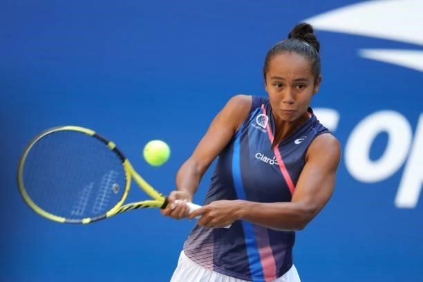 Canada's Leylah Fernandez hits a return to Ukraine's Elina Svitolina during their 2021 US Open Tennis tournament women's quarter-finals match at the...