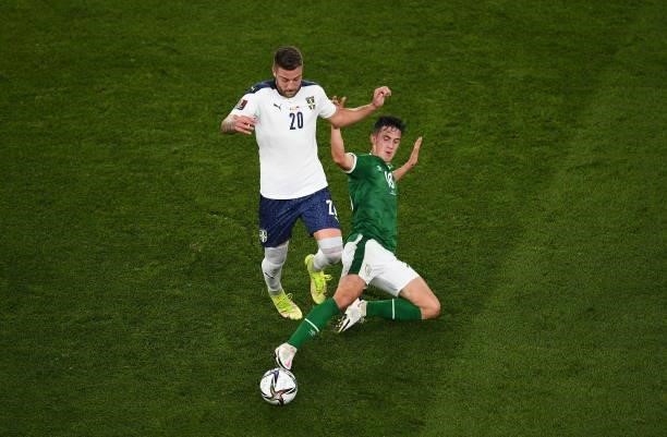 Dublin , Ireland - 7 September 2021; Sergej Milinkovi­Savi of Serbia in action against Jamie McGrath of Republic of Ireland during the FIFA World Cup...