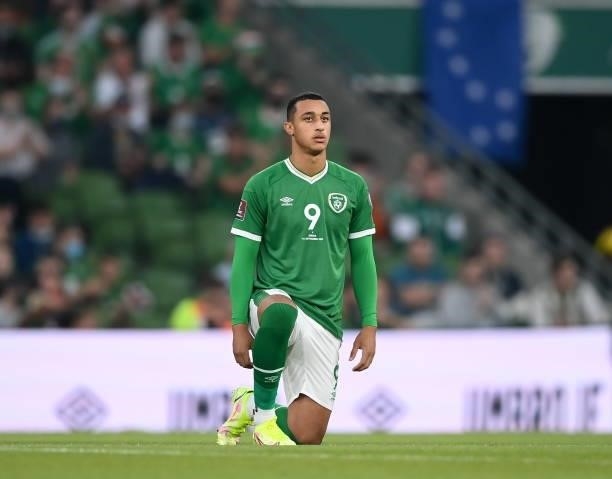 Dublin , Ireland - 7 September 2021; Adam Idah of Republic of Ireland takes a knee before the FIFA World Cup 2022 qualifying group A match between...