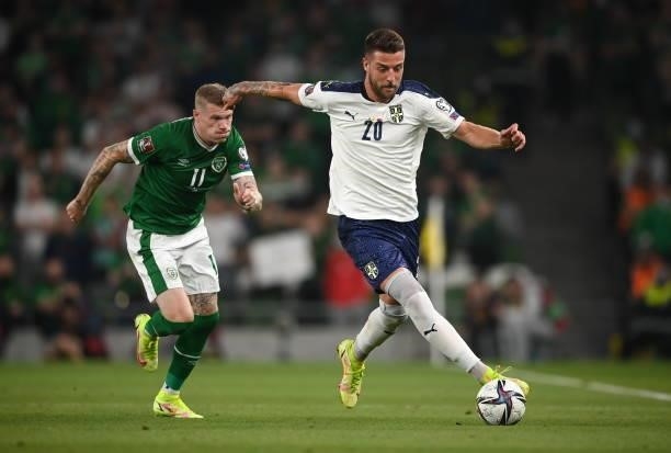 Dublin , Ireland - 7 September 2021; Sergej Milinkovi-Savi of Serbia in action against James McClean of Republic of Ireland during the FIFA World Cup...