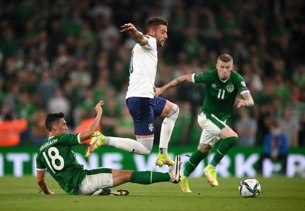 Dublin , Ireland - 7 September 2021; Sergej Milinkovi­-Savi of Serbia in action against James McClean of Republic of Ireland during the FIFA World...