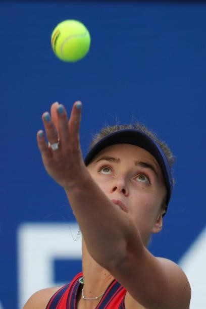 Ukraine's Elina Svitolina serves to Canada's Leylah Fernandez during their 2021 US Open Tennis tournament women's quarter-finals match at the USTA...