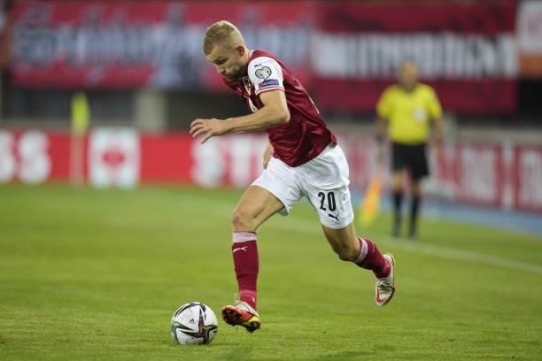 Konrad Laimer of Austria during the 2022 FIFA World Cup Qualifier match between Austria and Scotland at Ernst Happel Stadium on September 7, 2021 in...