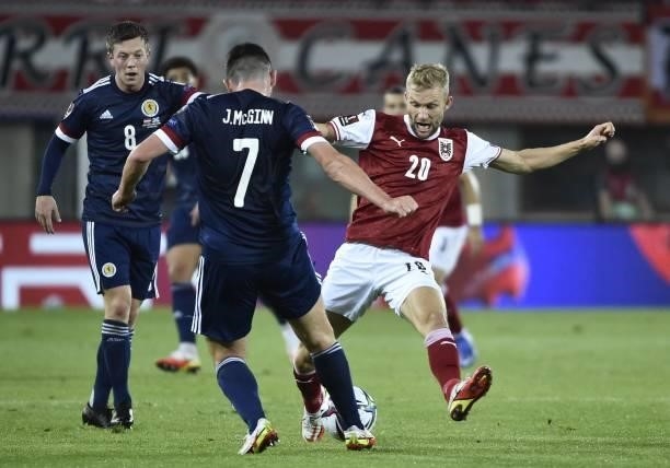 Austria's midfielder Konrad Laimer and Scotland's midfielder John McGinn vie for the ball during the FIFA World Cup Qatar 2022 qualification Group F...