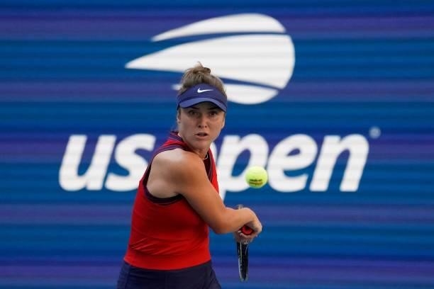 Ukraine's Elina Svitolina hits a return to Canada's Leylah Fernandez during their 2021 US Open Tennis tournament women's quarter-finals match at the...
