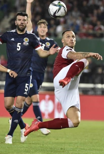 Austria's forward Marko Arnautovic controls the ball during the FIFA World Cup Qatar 2022 qualification Group F football match between Austria and...