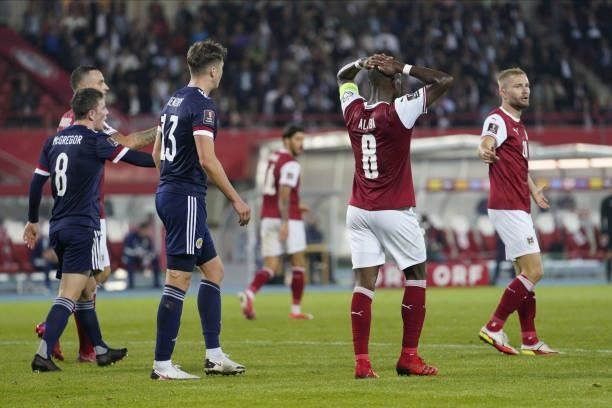 David Alaba of Austria during the 2022 FIFA World Cup Qualifier match between Austria and Scotland at Ernst Happel Stadium on September 7, 2021 in...