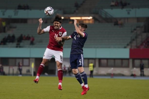 Christopher Trimmel of Austria and Billy Gilmour of Scotland during the 2022 FIFA World Cup Qualifier match between Austria and Scotland at Ernst...