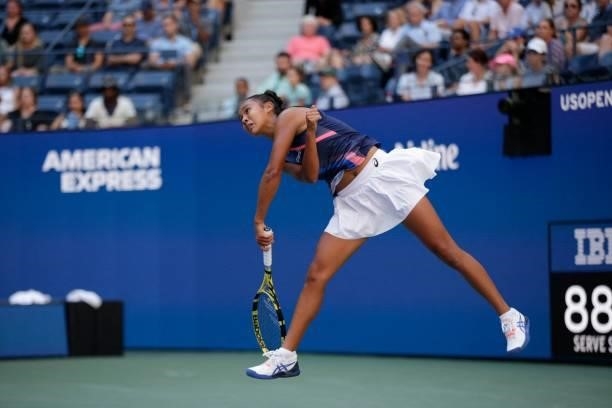 Canada's Leylah Fernandez serves to Ukraine's Elina Svitolina during their 2021 US Open Tennis tournament women's quarter-finals match at the USTA...
