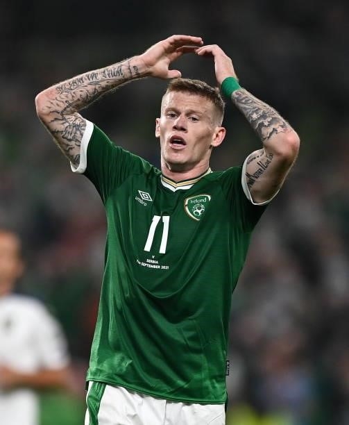 Dublin , Ireland - 7 September 2021; James McClean of Republic of Ireland reacts after failing to convert a chance on goal during the FIFA World Cup...