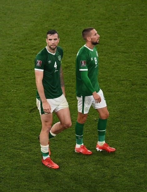 Dublin , Ireland - 7 September 2021; Shane Duffy and Conor Hourihane of Republic of Ireland react after the FIFA World Cup 2022 qualifying group A...