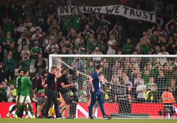 Dublin , Ireland - 7 September 2021; Republic of Ireland manager Stephen Kenny applauds supporters after the FIFA World Cup 2022 qualifying group A...