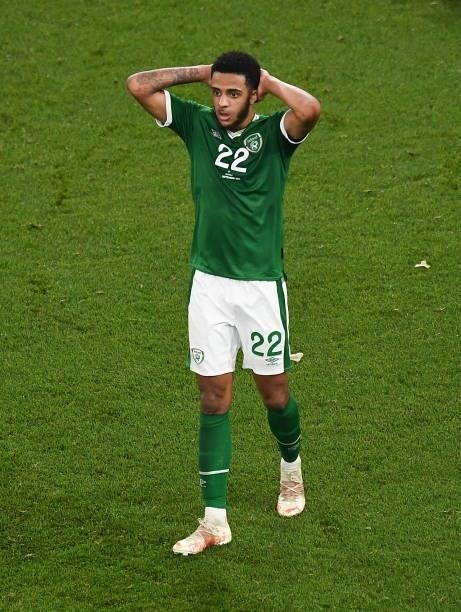 Dublin , Ireland - 7 September 2021; Andrew Omobamidele of Republic of Ireland reacts after missing a goal-scoring oppoutunity during the FIFA World...