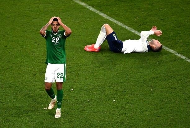Dublin , Ireland - 7 September 2021; Andrew Omobamidele of Republic of Ireland reacts after missing a goal-scoring oppoutunity during the FIFA World...