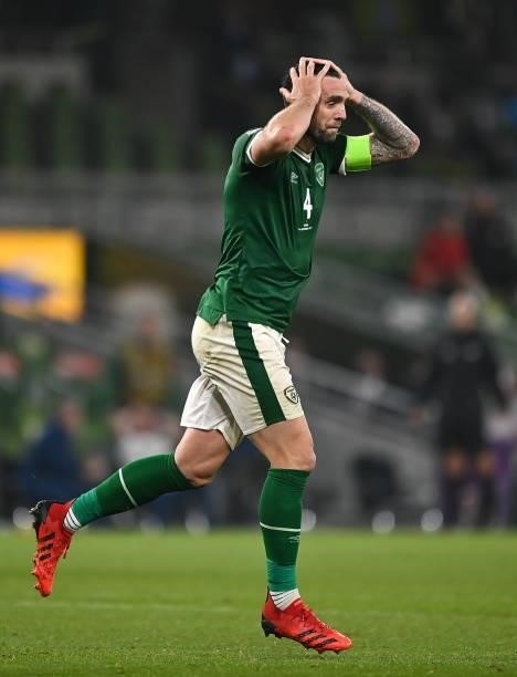 Dublin , Ireland - 7 September 2021; Shane Duffy of Republic of Ireland reacts after failing to convert a chance on goal during the FIFA World Cup...