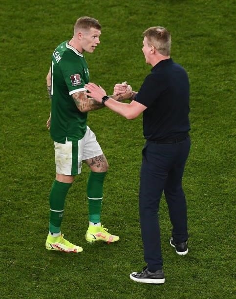Dublin , Ireland - 7 September 2021; James McClean of Republic of Ireland with manager Stephen Kenny after the FIFA World Cup 2022 qualifying group A...