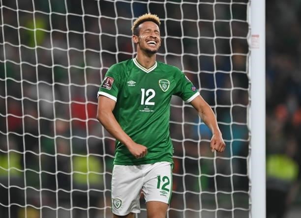 Dublin , Ireland - 7 September 2021; Callum Robinson of Republic of Ireland reacts during the FIFA World Cup 2022 qualifying group A match between...