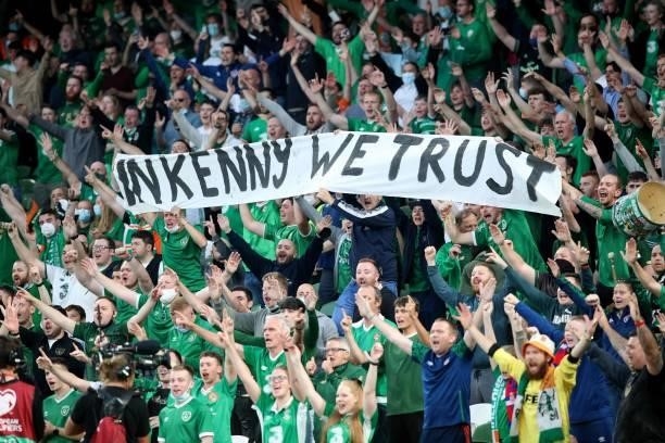 Ireland fans and supporters hold a banner praising Republic of Ireland's head coach Stephen Kenny during the FIFA World Cup Qatar 2022 qualifying...