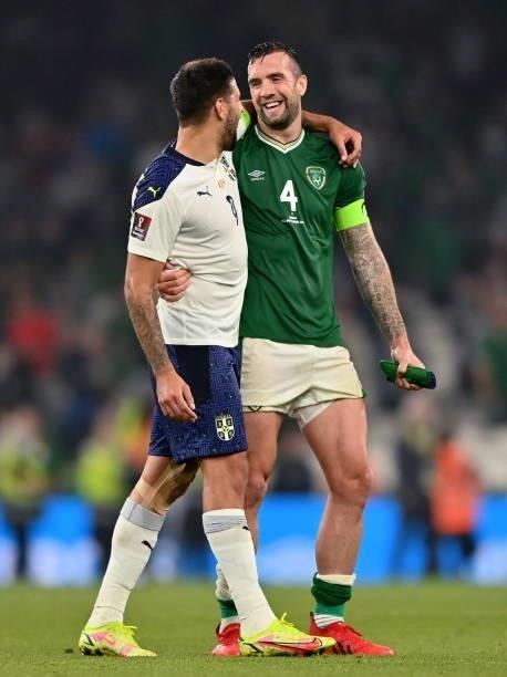 Dublin , Ireland - 7 September 2021; Shane Duffy of Republic of Ireland, right, and Aleksandar Mitrovi of Serbia after the FIFA World Cup 2022...