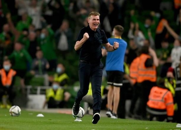 Dublin , Ireland - 7 September 2021; Republic of Ireland manager Stephen Kenny celebrates his side's first goal the FIFA World Cup 2022 qualifying...