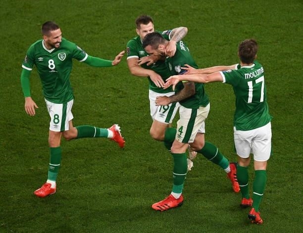 Dublin , Ireland - 7 September 2021; Conor Hourihane, James Collins, Shane Duffy and Jayson Molumby of Republic of Ireland celebrate their side's...