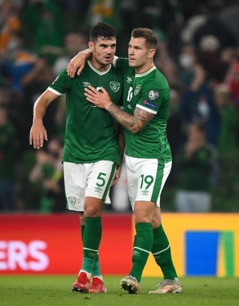 Dublin , Ireland - 7 September 2021; John Egan and James Collins of Republic of Ireland after the FIFA World Cup 2022 qualifying group A match...