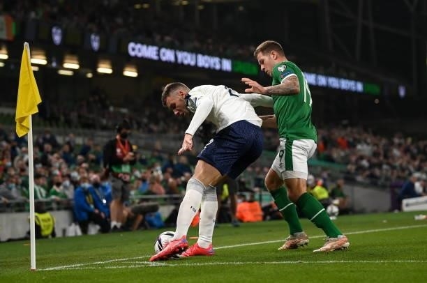 Dublin , Ireland - 7 September 2021; Strahinja Pavlovi of Serbia in action against James Collins of Republic of Ireland during the FIFA World Cup...