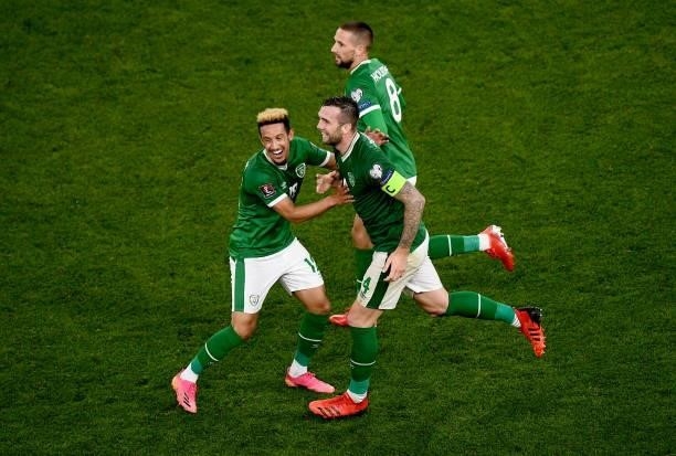 Dublin , Ireland - 7 September 2021; Callum Robinson, Shane Duffy and Conor Hourihane of Republic of Ireland celebrate their side's first goal, an...
