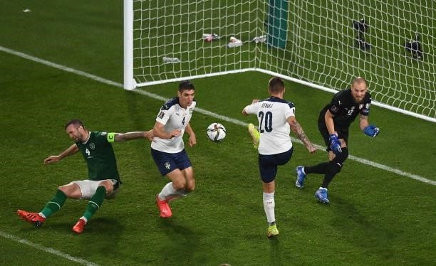 Dublin , Ireland - 7 September 2021; Sergej Milinkovi-Savi of Serbia kicks the ball off the chest of team-mate Nikola Milenkovi resulting in an own...