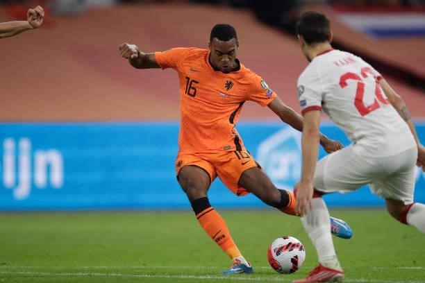 Ryan Gravenberch of Holland during the World Cup Qualifier match between Holland v Turkey at the Johan Cruijff Arena on September 7, 2021 in...