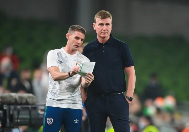 Dublin , Ireland - 7 September 2021; Republic of Ireland manager Stephen Kenny with coach Anthony Barry during the FIFA World Cup 2022 qualifying...