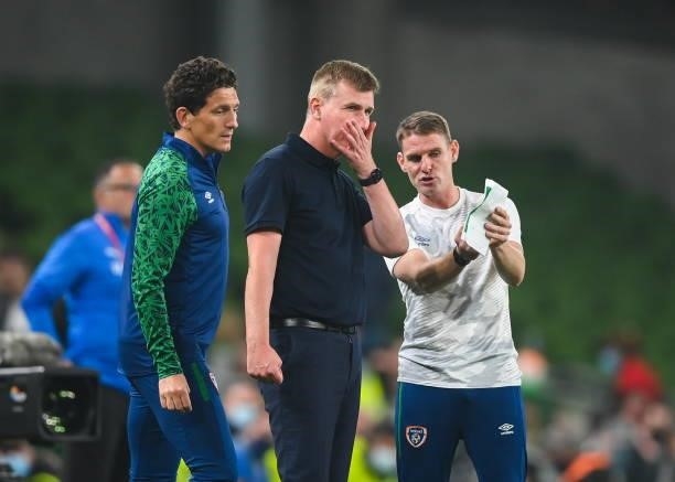 Dublin , Ireland - 7 September 2021; Republic of Ireland manager Stephen Kenny with coaches Keith Andrews, left, and Anthony Barry during the FIFA...