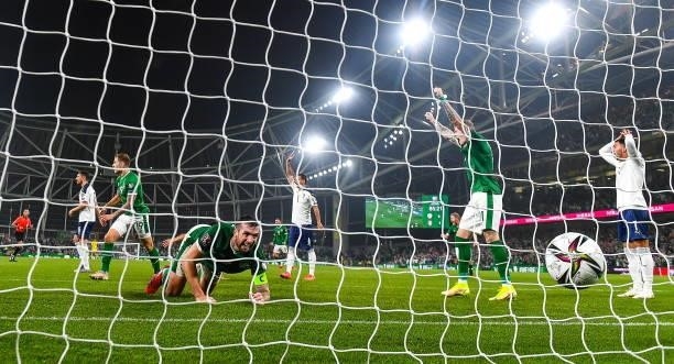 Dublin , Ireland - 7 September 2021; Shane Duffy and James McClean of Republic of Ireland react after Nikola Milenkovi of Serbia scored an own goal...