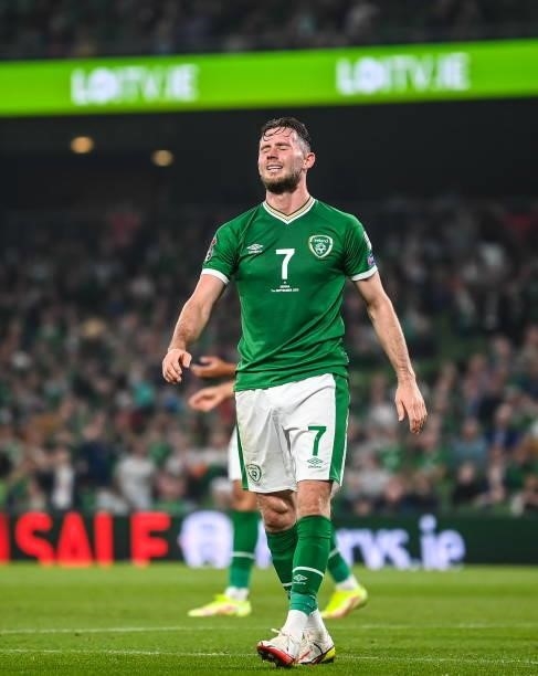 Dublin , Ireland - 7 September 2021; Alan Browne of Republic of Ireland reacts during the FIFA World Cup 2022 qualifying group A match between...